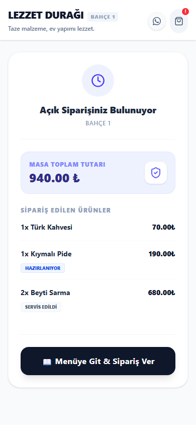 CheckMasa QR menü: masadan sipariş ekranı, açık adisyon ve ürün durumları